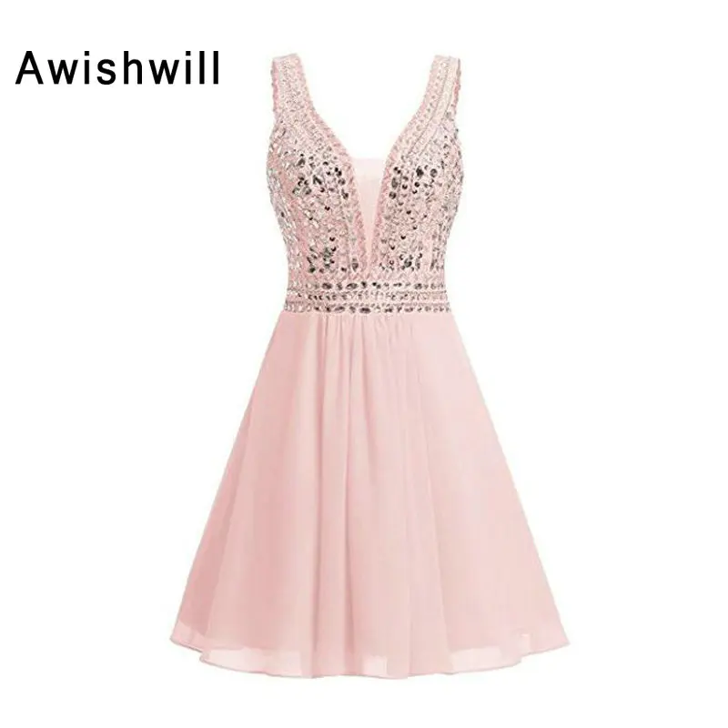 Короткое Шифоновое Платье с V образным вырезом и бусинами|Платья для выпускного