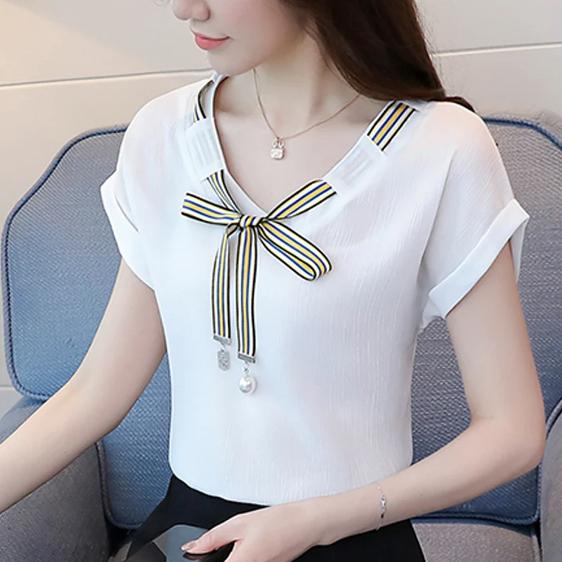 2020 модная женская шифоновая блузка с коротким рукавом летняя рубашка бантом и