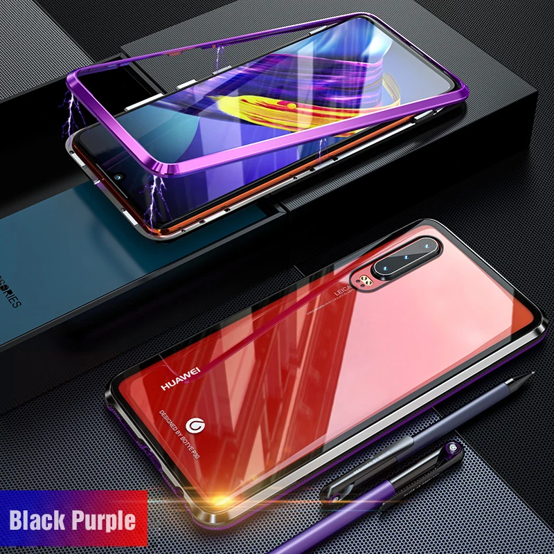 Роскошный Металлический бронированный Магнитный чехол для huawei P30 Pro Чехол P20 Lite чехол на магните для телефона прозрачный стеклянный чехол huawei P30 Lite флип чехол - Цвет: Black Purple