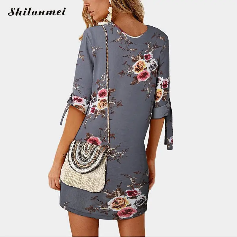 2018 женское летнее платье бохо стиль цветочный принт шифоновое пляжное Туника