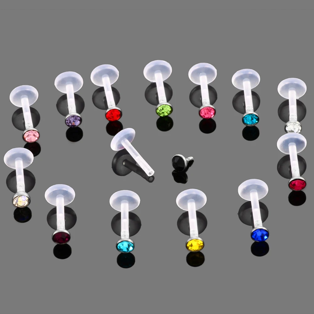 

14pcs/lot Bioplast Flexible CZ Gem Labret Monroe Lip Stud Piercing Ear Tragus Cartilalge Earring Helix Piercing Bar Lip Ring 16g