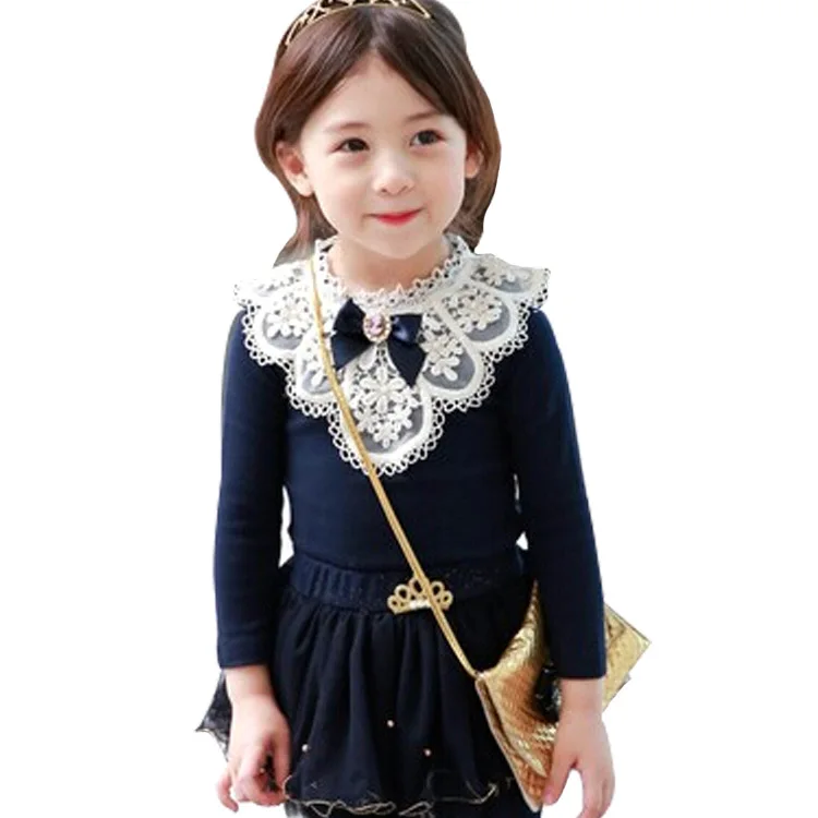 

Girls Clothing Long Sleeve Embroidery Lace Trimmings O-neck Shirts with Bow for Children Blouse Girl Spring Tops Tees Shirt
