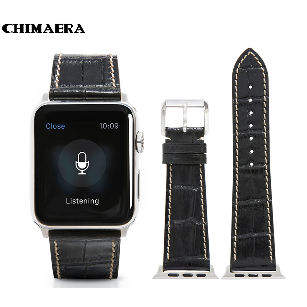 Ремешок CHIMAERA из натуральной кожи для Apple Watch 42 мм/44 мм черный браслет с серебристым