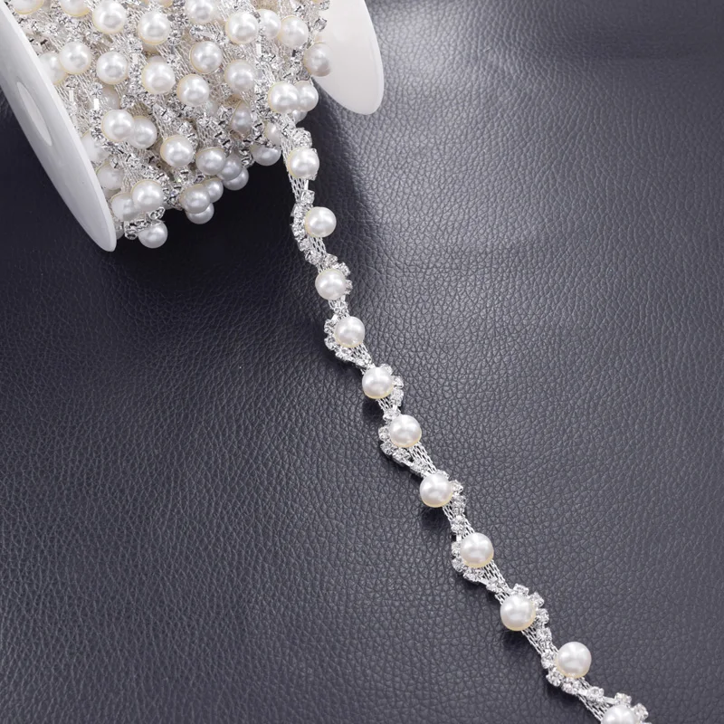 

Wholesale 10yards/lot white pearl crystal rhinestone cltohing sewing patches sew on handmade DIY dress decoration HF-3170/2