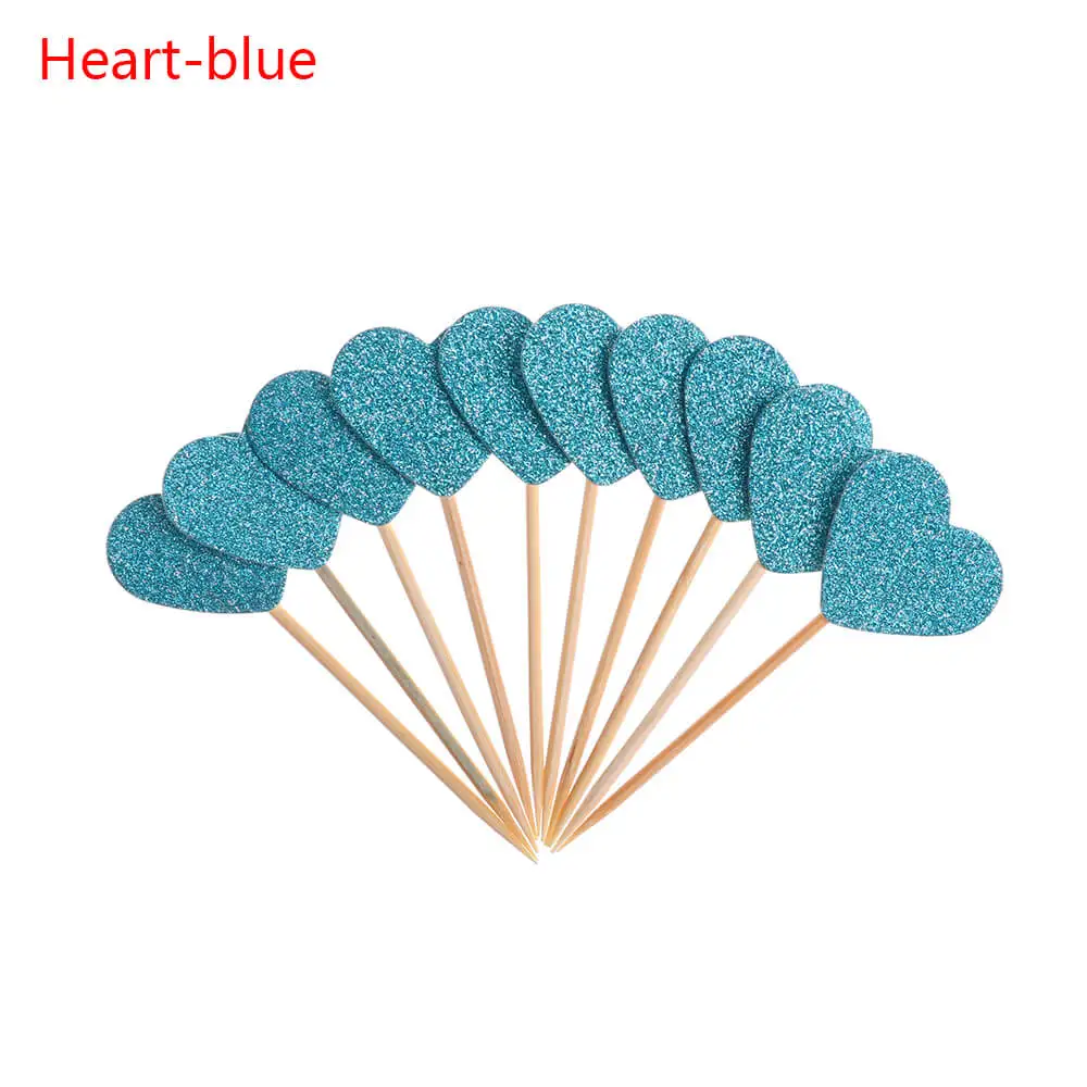 Heart blue 20 шт./лот милый блестящий в форме сердца, звезды, топперы для кексов на день рождения, свадьбу, украшение для торта, топпер для украшения еды - Цвет: Heart blue