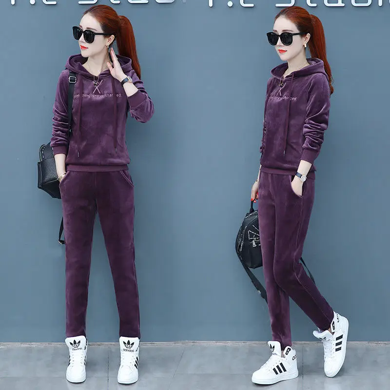 purple gray Matching Sets Autumn Plus Size Casual Loose Velvet Tracksuits 2 Pieces Set Women High Elastic Hooded Sweatshirts And Harem Pants - Цвет: purple gray
