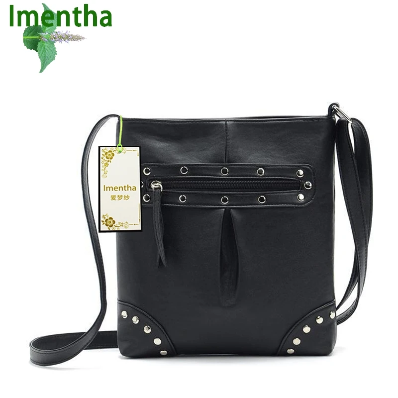 Черные женские сумки на плечо с заклепками мессенджеры через для женщин кожаные