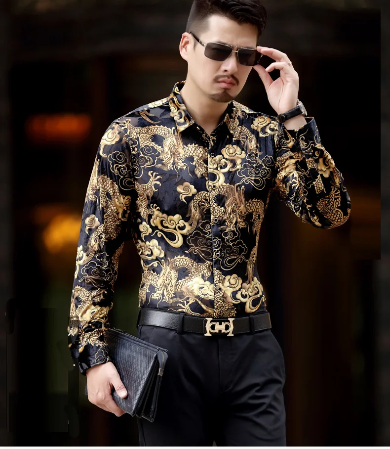 

Fashion Luxury Mens Silk Shirts Men Casual Long Sleeve Dragon Print Design Sexy Slim Velvet Shirts Soft Thin Comfortable Black