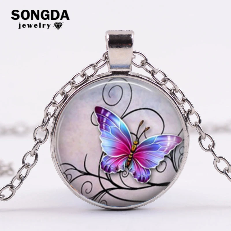 

SONGDA Elegant Purple Butterfly Art Picture Specimen Pendant Necklace Handmade Glass Cabochon Metal Chain Ketting Necklace Women