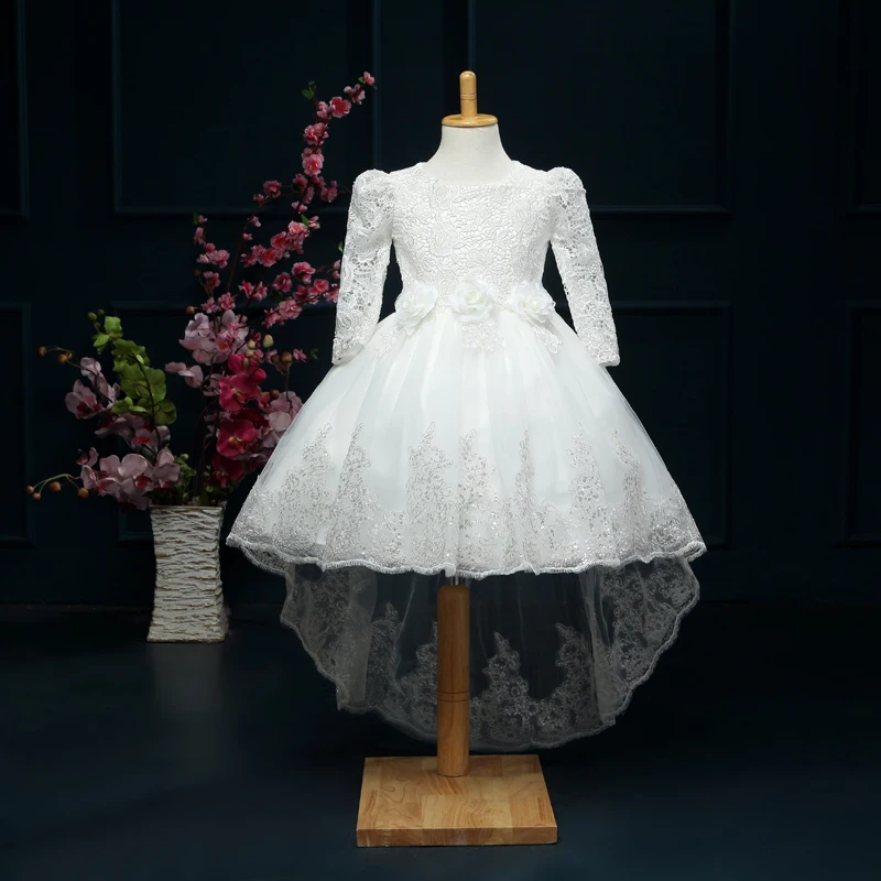 

New Flower Girl Dresses with Long Sleeve High Low Communion Party Pageant Dress for Little Girls Kids/Children Dress for Wedding