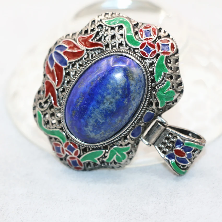 Подвеска из натурального овального лазурита 45*55 мм эмалированная антикварная