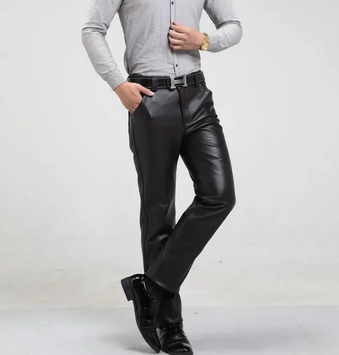 Male leather trousers mens autumn and winter velvet thickening loose high thermal motorcycle leather pants mens