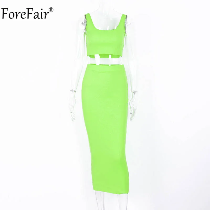 ForeFair, комплект из двух предметов, женское летнее вечернее платье на бретелях, неоновое, без рукавов, миди, сексуальное Клубное облегающее платье