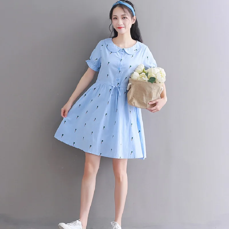 Mori Girl Summer Women Cotton Short Dress Peter Pan Collar Carrot Print Casual String Vestido Femme White Blue Kawaii Mini | Женская