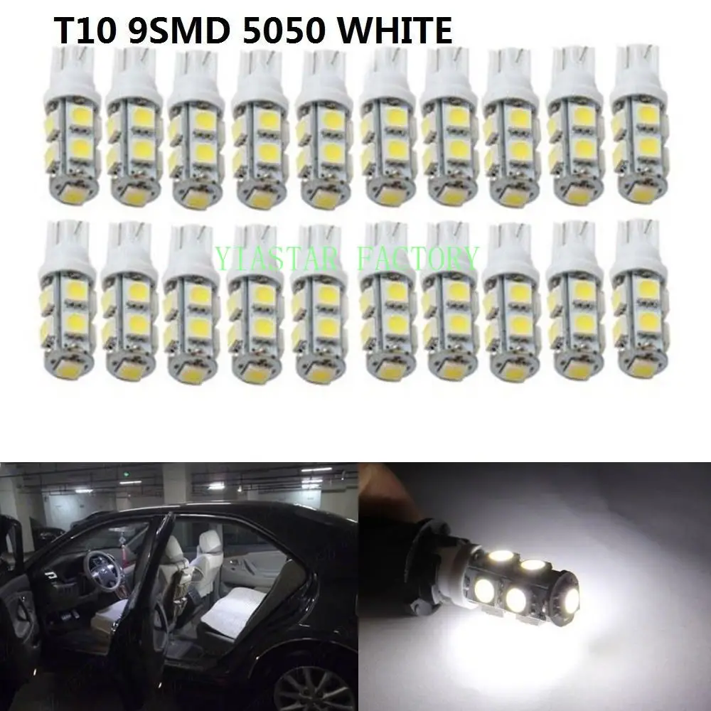 Фото Yiastar 100x светодиодный T10 W5W светодиодный ные лампы 9SMD 5050 W5W T10 светодиодный белые автомобильные клиновые габаритные огни W5W 194 168 светодиодный лампы для салона №1