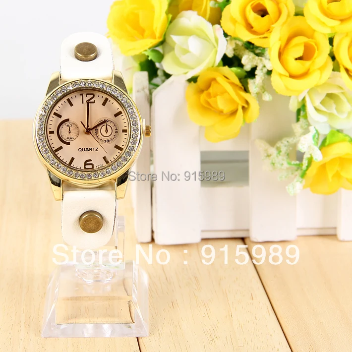2013 Fashion Crystal Shinning Colored Ladies Wrist Watch Retro Quartz Dress PU Leather Free Shipping 100pcs | Наручные часы