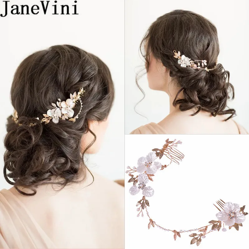 

JaneVini Bohemia Gold Leaf Bride Headband Wedding Accessories Hair Bride Hair Comb Bridal Flowers Pearl Hairband Beaded Headwear