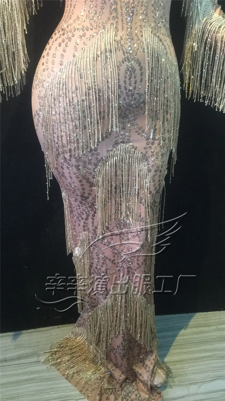 Champagne Gold Стразы платье с бахромой этап одежда большой платье-стретч певица вечернее Производительность кисточкой длинное платье DWY1349
