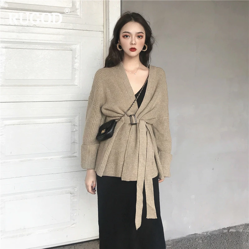 RUGOD Winter Sweater Women Solid Cardigans Long Sleeve Sashes Knitted Tops Autumn Clothes pull hiver femme 2019 |