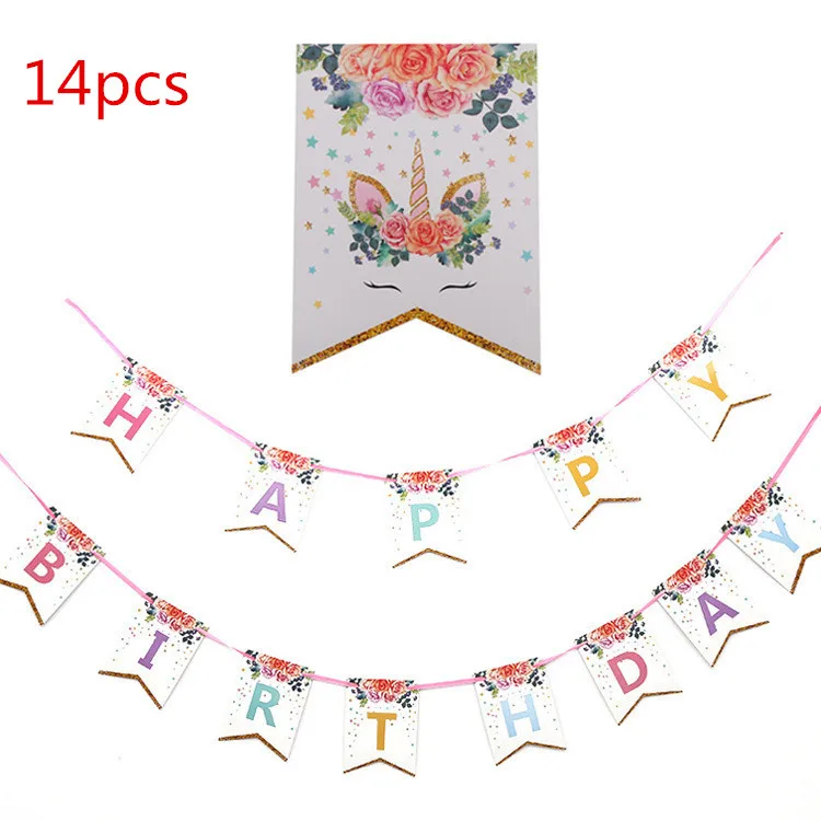 Banners 14pcs 1 компл. Единорог бумажная Складная пиньята Дети Девочки Мальчики День рождения поставщик с днем рождения украшения вечерние - Цвет: Banners 14pcs