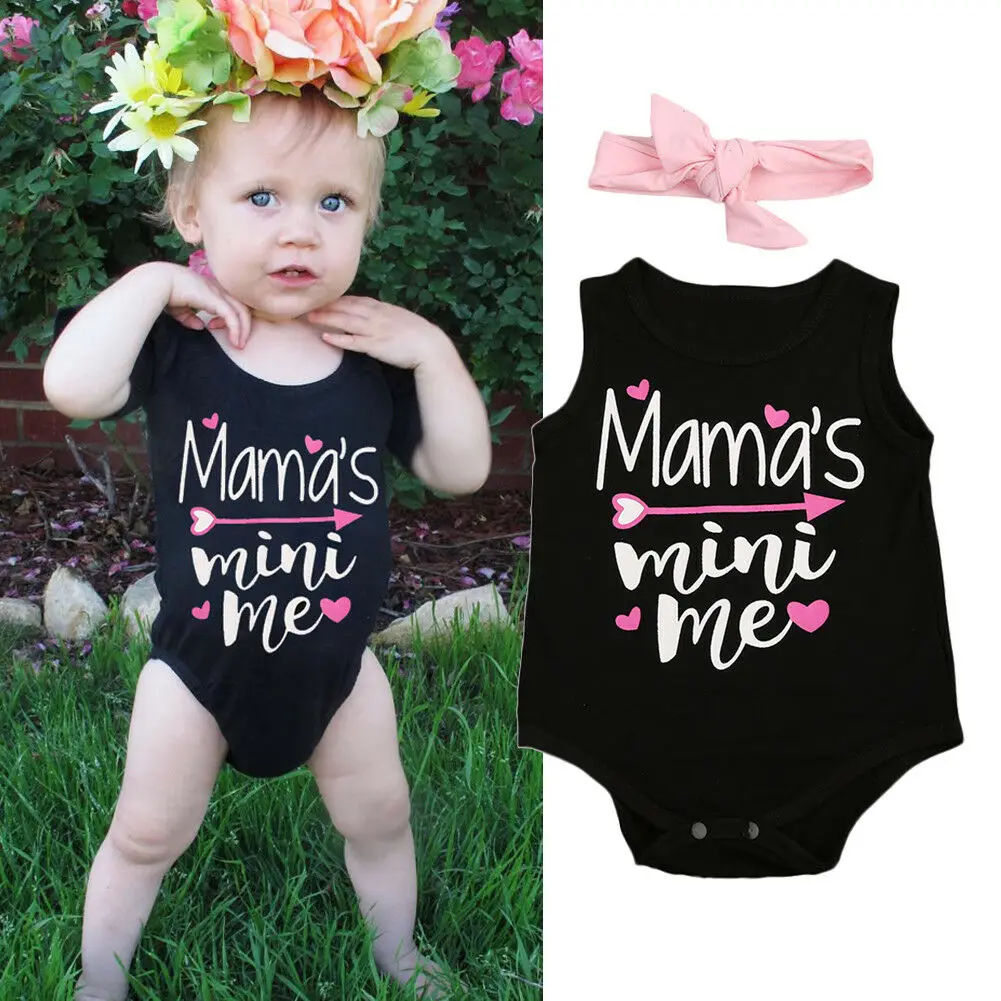 Комплект одежды для новорожденных девочек комбинезон с принтом Mama Mini me + повязка