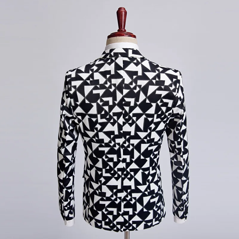 

new 2020 black and white triangle block print dress men leisure suit studio host peak neckties suit
