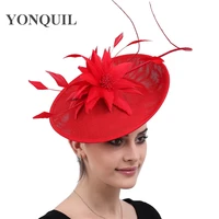 vintage red cocktail hair fascinators for kenducky derby church hats fedora fancy double feather flower headwear 2020 new syf542