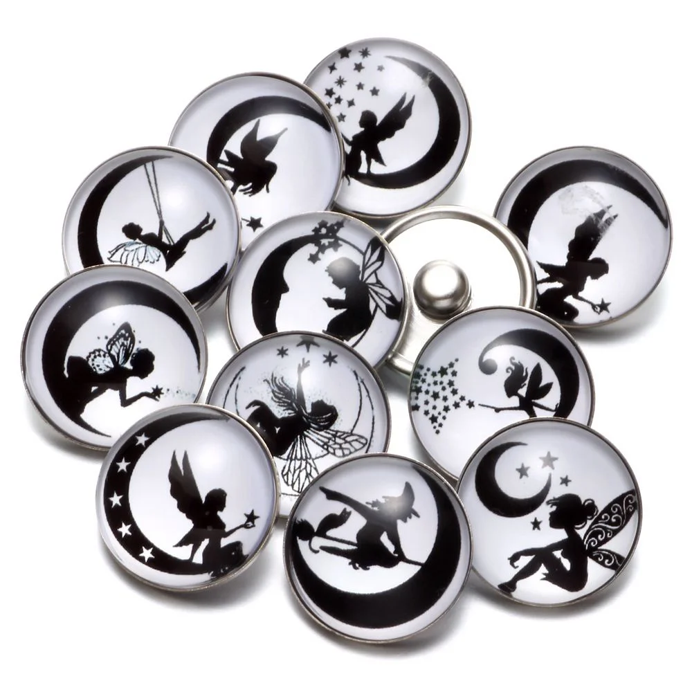 12pcs/lot Black&White Theme Moon & Fairy Pattern 18mm Snap Button Charms For Snaps Bracelet Jewelry KZ0633| |
