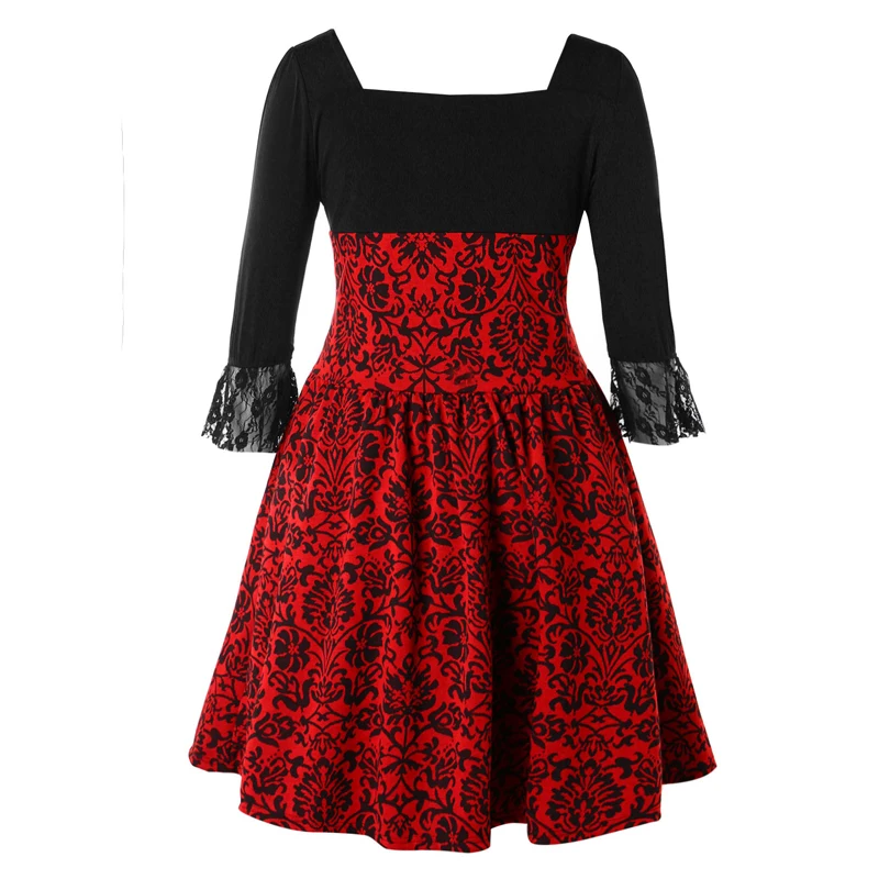SexeMara Plus Size Square Neck Print Vintage Lace Up Dress Women Black Knee Length Rope Tied Slim Elegant | Женская одежда
