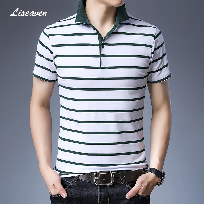 

Liseaven Men's T-Shirts Turn-down Collar Short Sleeve Striped T Shirt Man Cotton Tees Tops 2019