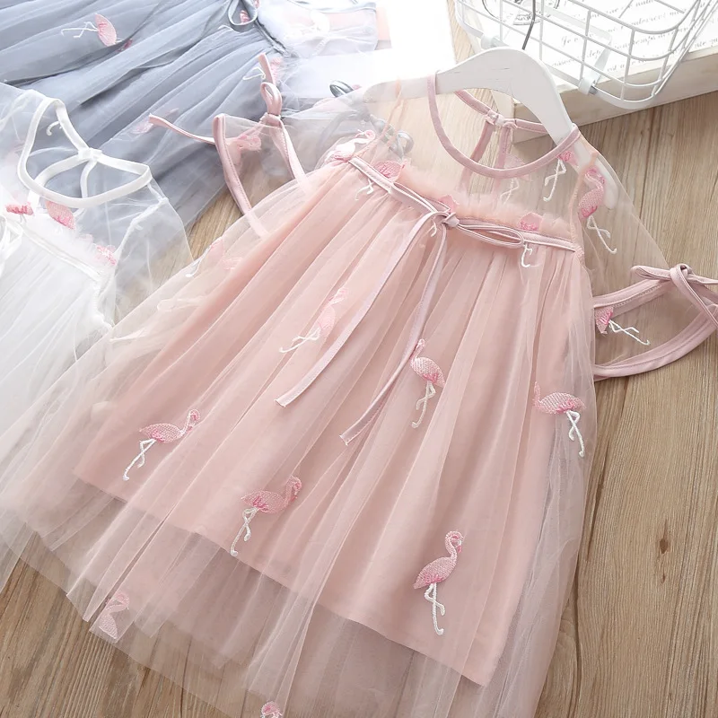 2019 летнее платье для девочек модное принцессы с вышивкой фламинго нарядное