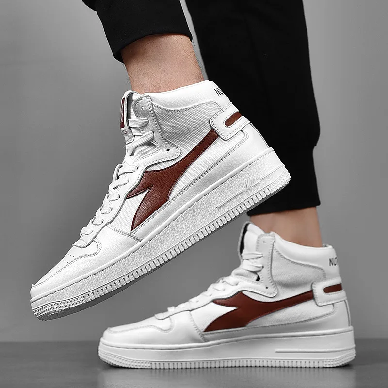 Для мужчин обувь из натуральной кожи кроссовки с высоким берцем модная мягкая