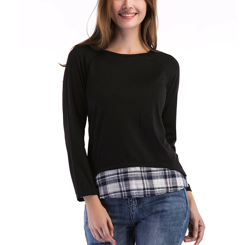 

Womens Long Sleeve T-shirt Ladies Autumn Plaid Crew Neck Blouse T-shirt Tops New