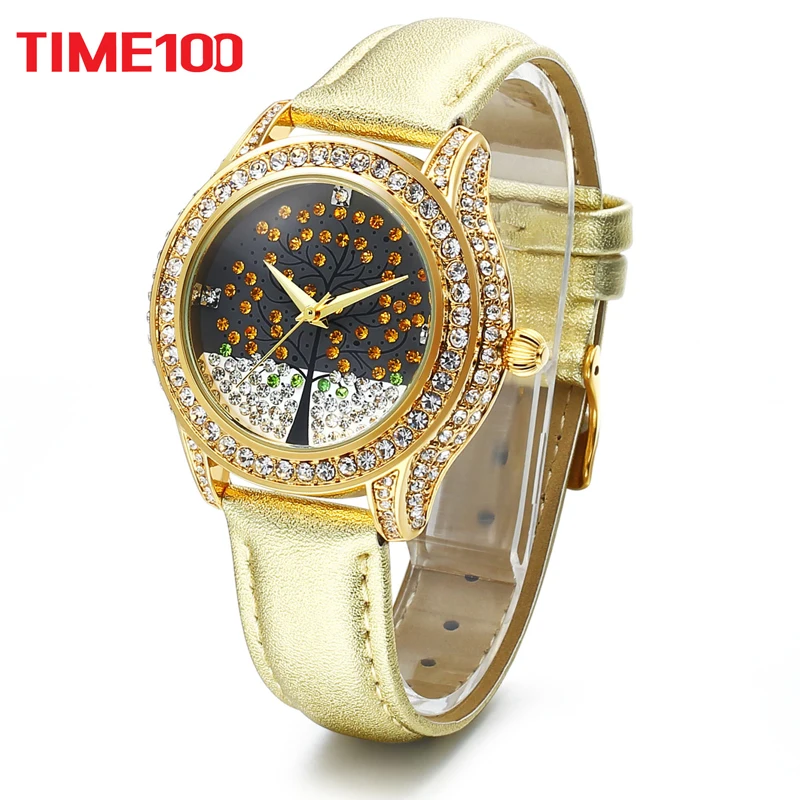 Time100 Женские часы роскошные кварцевый Дерево желания дизайн Стразы Золотой