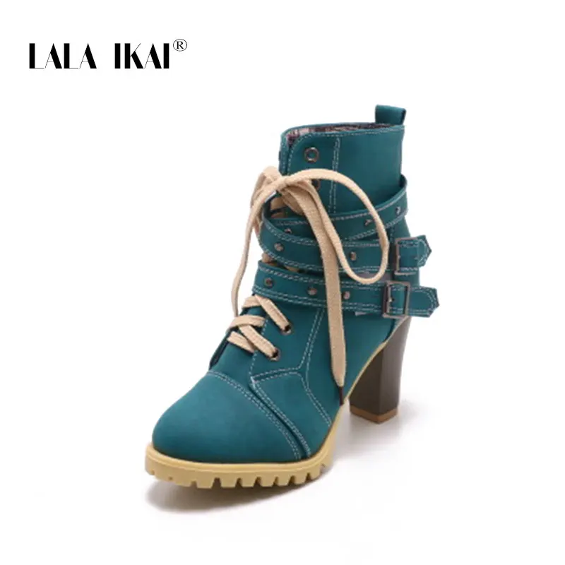 Blue LALA IKAI/женские зимние ботинки на шнуровке с заклепками; ботинки из нубука на высоком каблуке и платформе с круглым носком и застежкой-липучкой; 014C2241-4 - Цвет: Blue