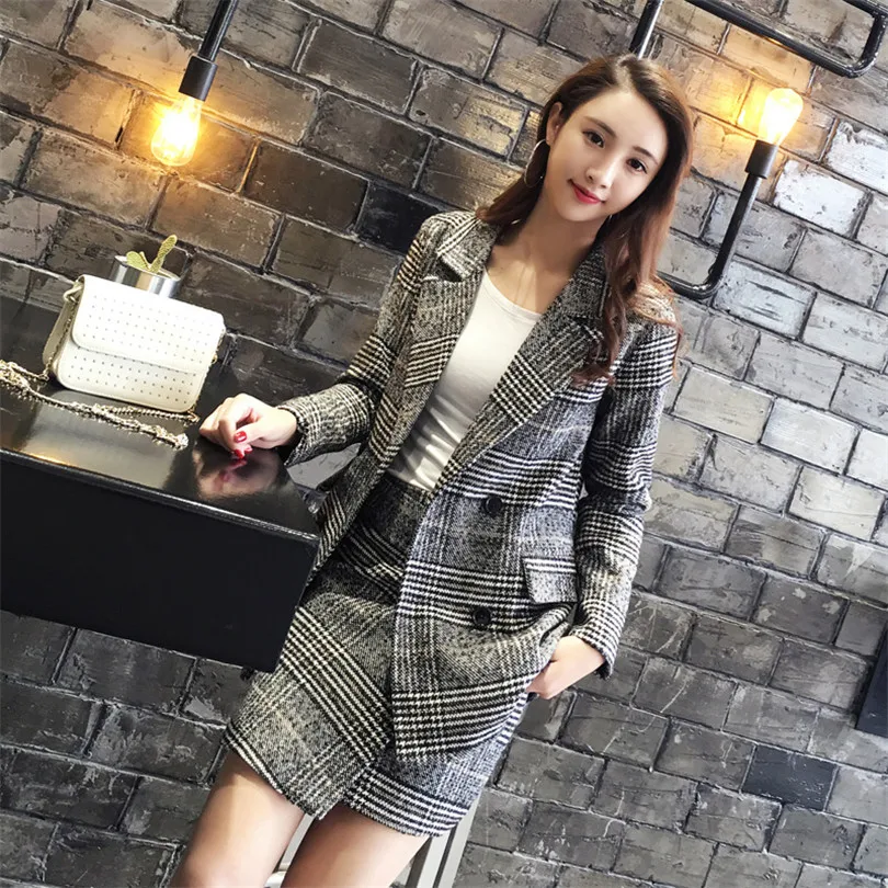 Женский офисный костюм из двух предметов Повседневный шерстяной клетчатый