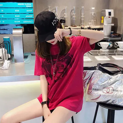 

Summer short-sleeved loose Korean T-shirt women 2019 new casual polyester round neck 3D printed large size top female 14302