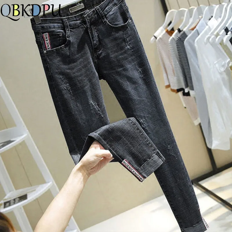 

Casual Pencil Jeans Women Boyfriend Style Bleached Jean Straight Pants High Waist Skinny Vaqueros Ankle Length Denim Capris