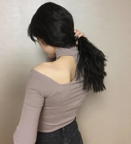 Европейский стиль Сексуальная футболка с вырезом лодочкой черного серого и