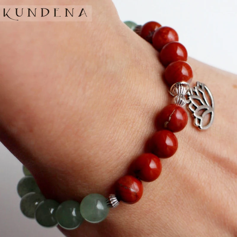 

8MM Aventurine and Red J-asper Mala Bracelet with a Lotus Pendant Healing Stone Yoga Lotus wrist Stone beaded Bracelet