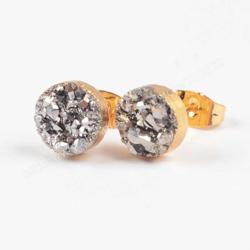 Круглые серьги гвоздики BOROSA G0889 из титана с натуральным кристаллом 5 цветов