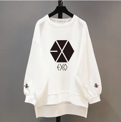 

kpop EXO Spring new 2022 Korea round neck loose long section hoodies women small bee embroidery loose sweatshirts kawaii clothes