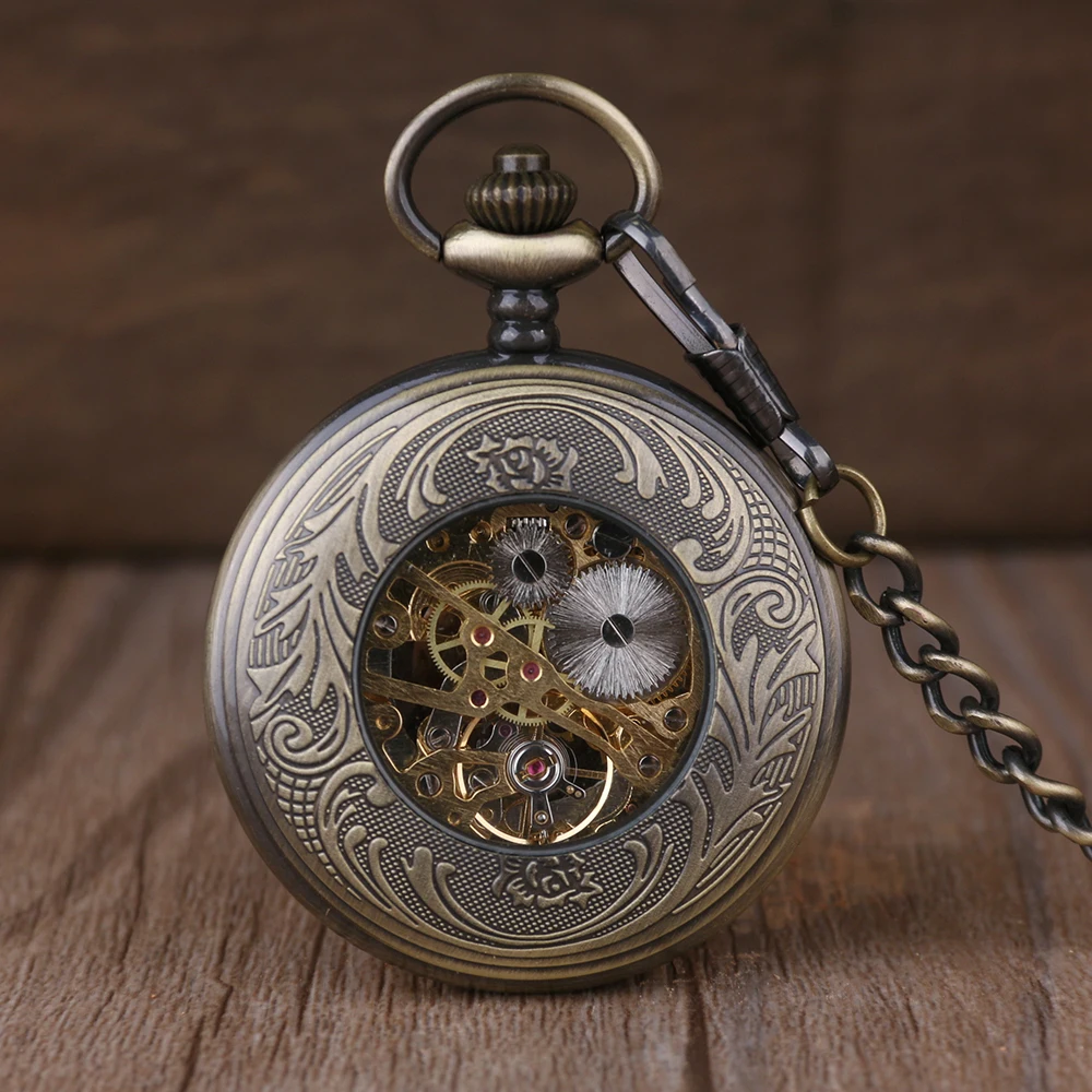 Antique Moire Design Hollow Manual Mechanical Pocket Watch Vintage Steampunk Necklace Pendant Accessories Clock Men's Gift