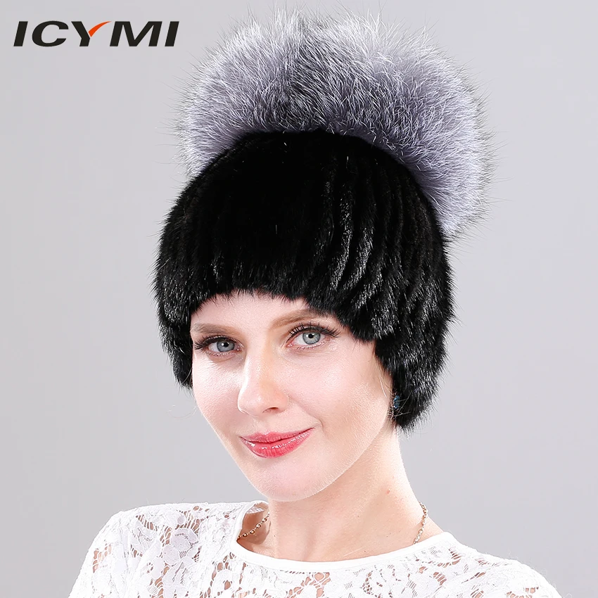 

ICYMI Women's Winter Cap Real Natural Mink Fur Elastic Knitted Beanies with Fox Fur Pompom Top Women's Fur Headgear for Winter