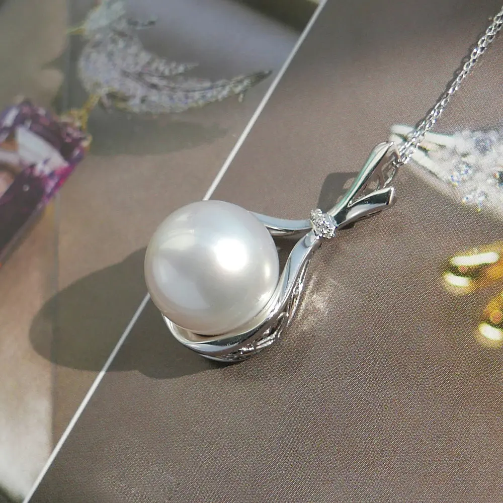 AAA 13-14mm White Real South Sea Cultured Pearl Diamond Pendant 18k Gold | Украшения и аксессуары