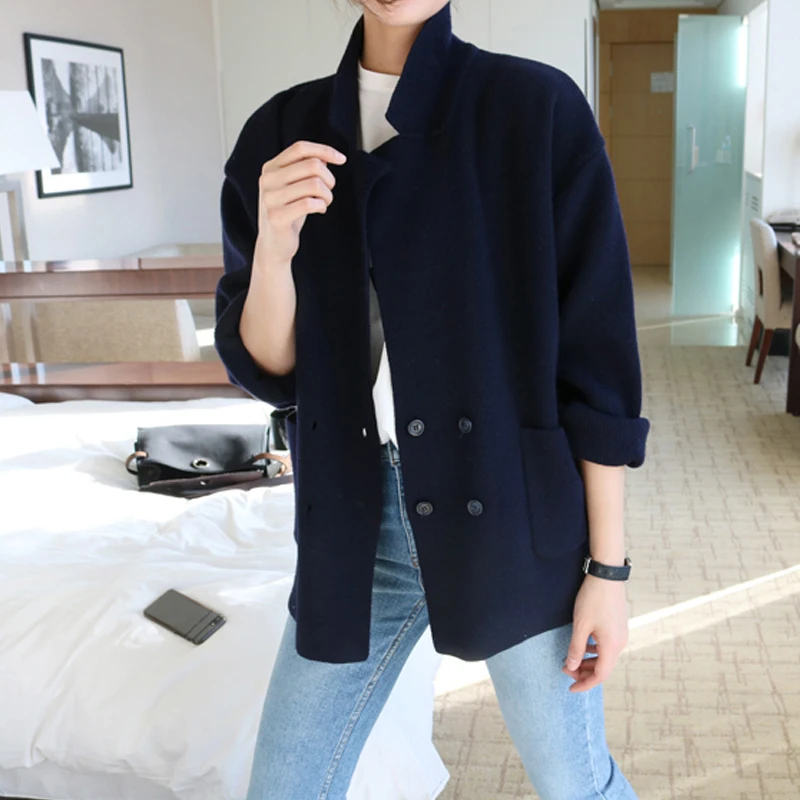 HziriP Casual Fashion Double Breasted Flat Knitted Cardigan Women Regular Solid Color Full Sleeves Button Female Sweaters Coat |