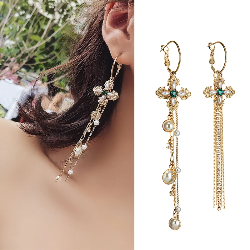Meidi Винтаж крест асимметричные серьги длинные обруча для Для женщин Золотая цепь