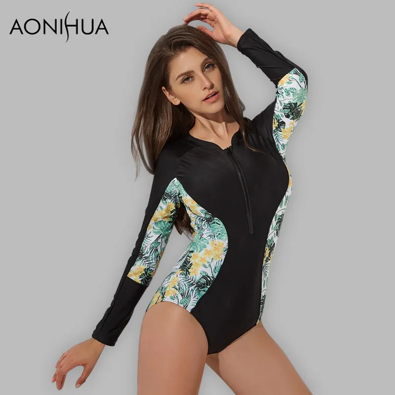 Aonihua Спорт с длинным рукавом Сёрфинг Одна деталь купальники Для женщин высокое качество Push Up Купальники для малышек Женский на молнии спереди ванный комплект