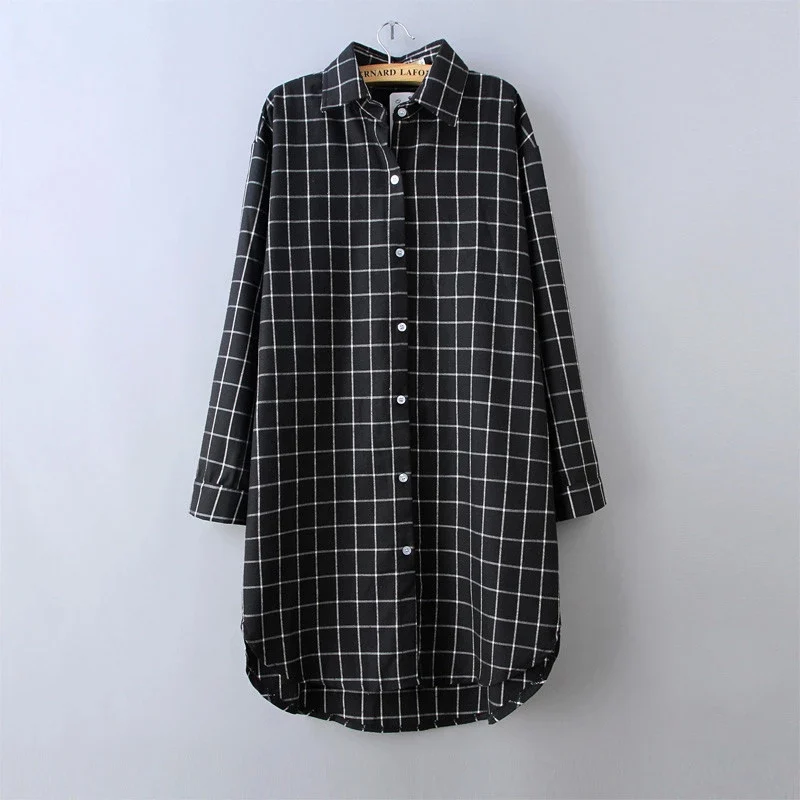 Клетчатая рубашка, женские длинные топы и блузки, Blusas, хлопковые топы для девушек, рубашка, блузка, Femininas, женские туники, красный, зеленый, черный, серый - Цвет: Черный