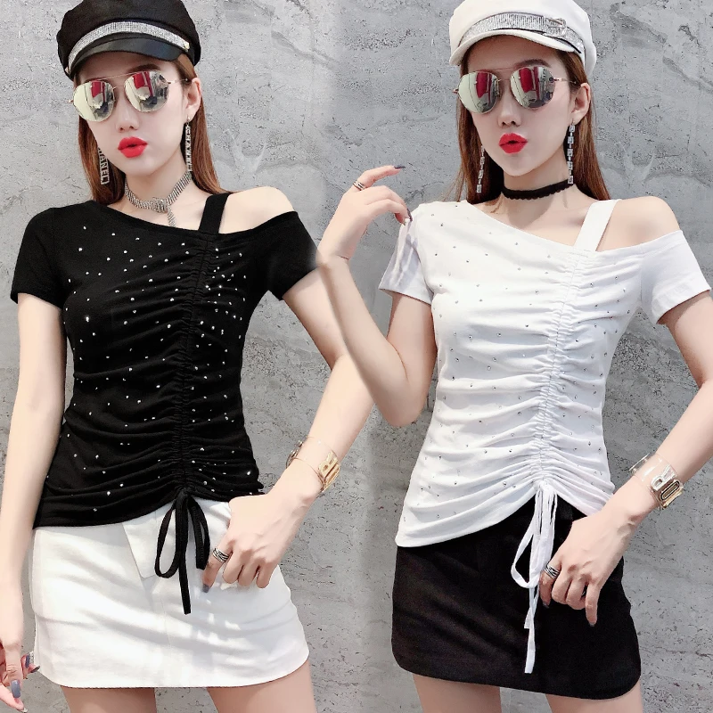 Женская футболка с открытыми плечами и бриллиантами 2019 женская стразы женские